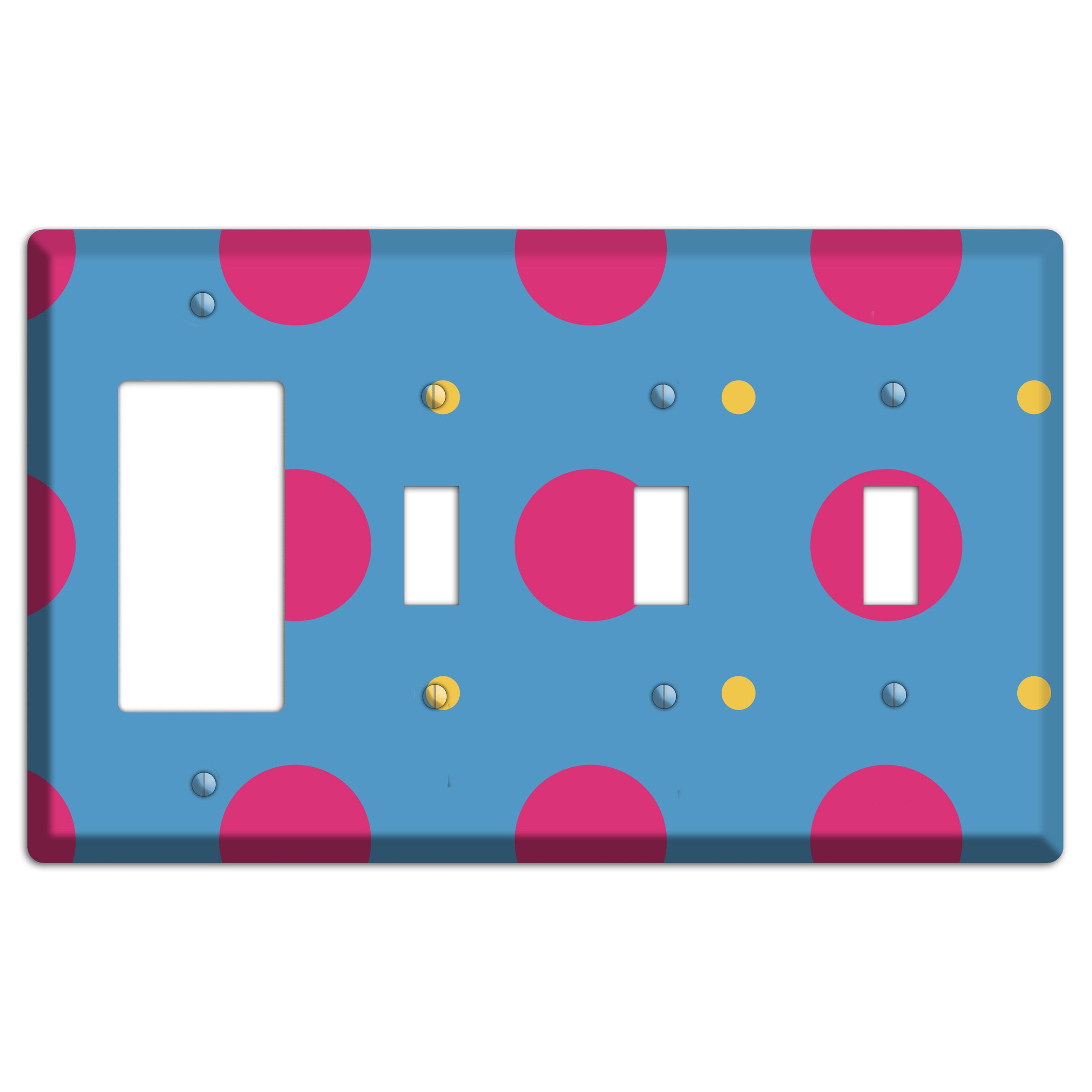 Blue with Pink and Yellow Multi Tiled Medium Dots Rocker / 3 Toggle Wallplate