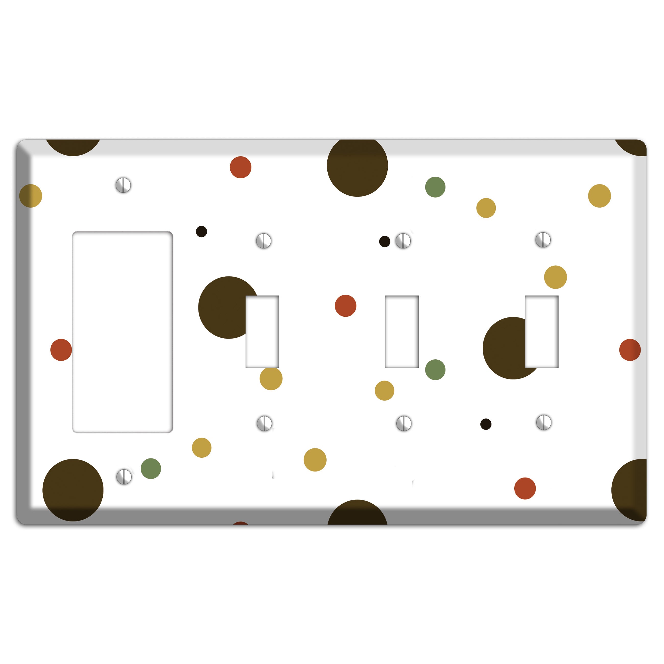 White with Multi Brown Multi Medium Dots Rocker / 3 Toggle Wallplate