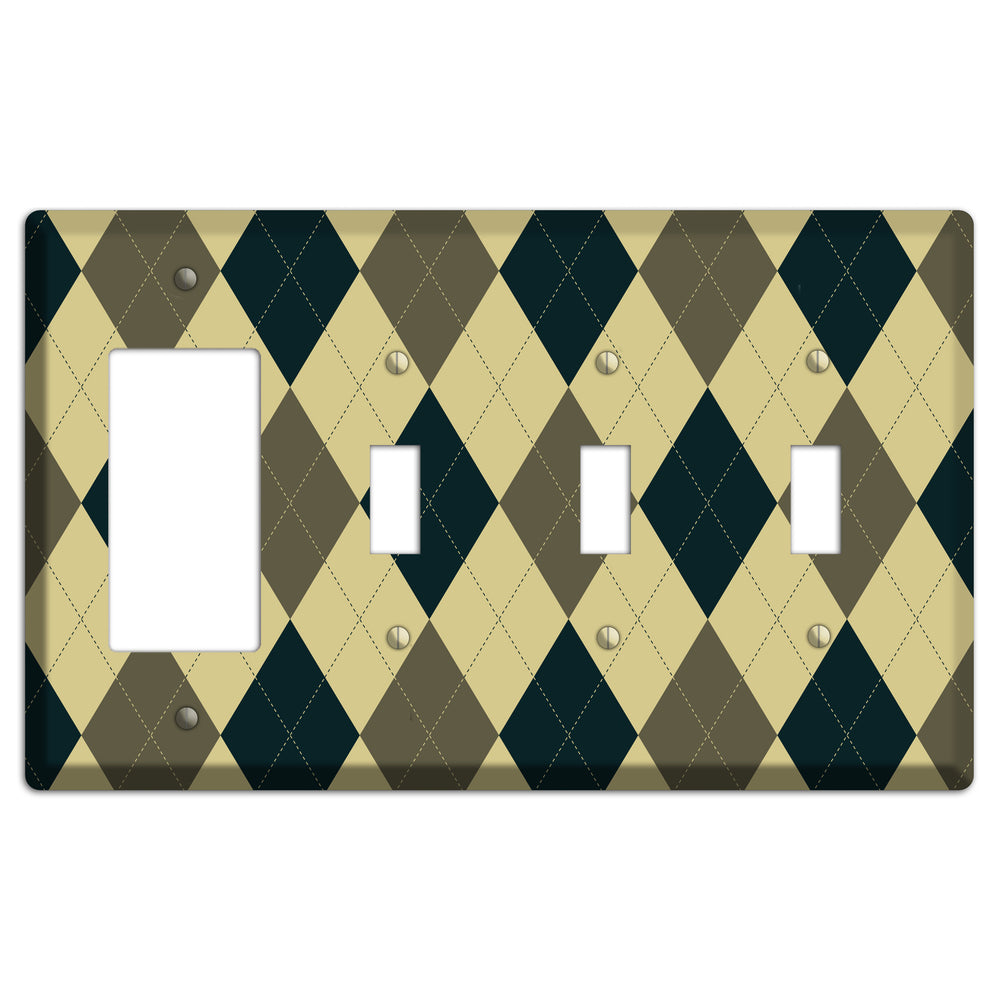 Multi Brown and Tan Argyle Rocker / 3 Toggle Wallplate