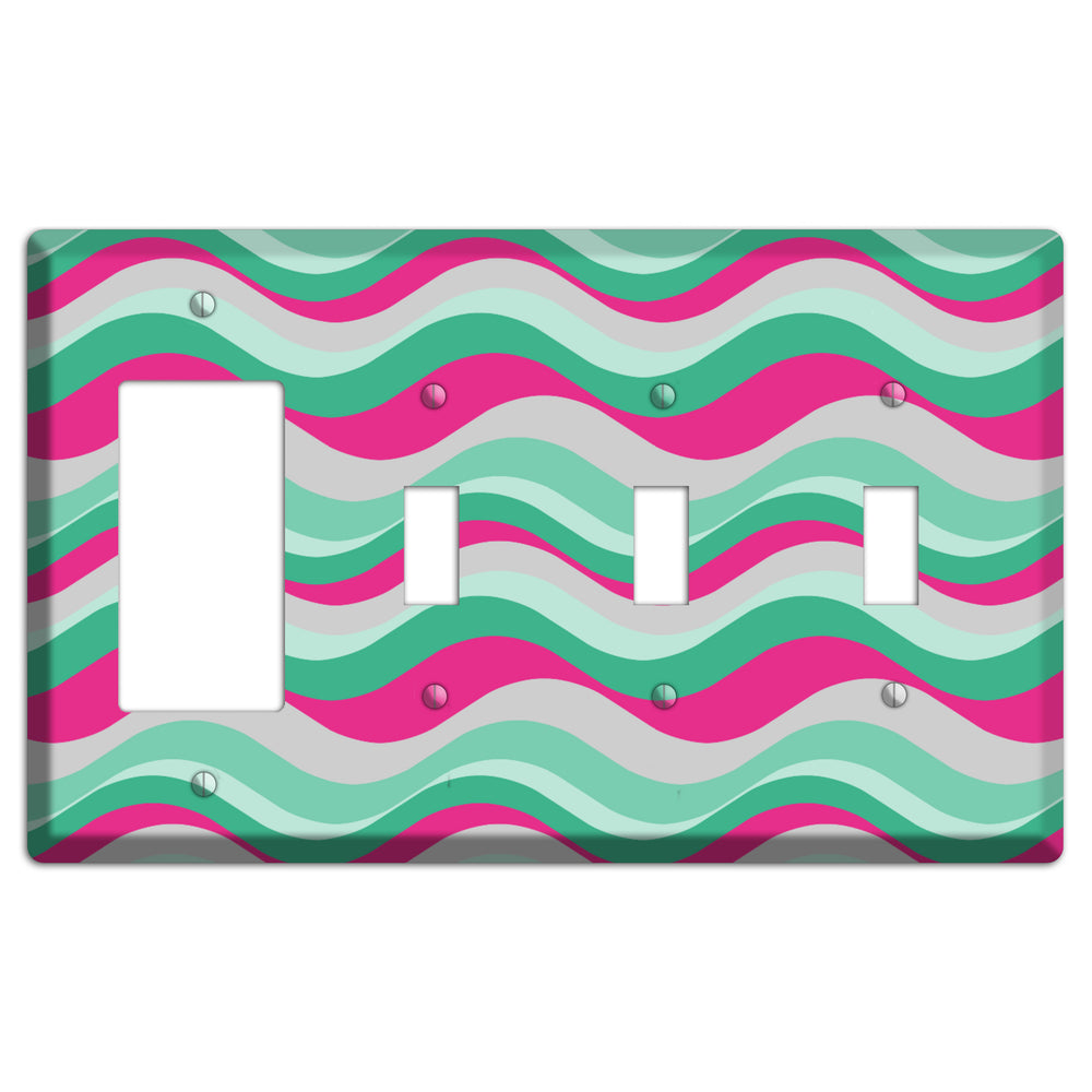 Grey Fuschia and Multi Aqua Retro Waves Rocker / 3 Toggle Wallplate
