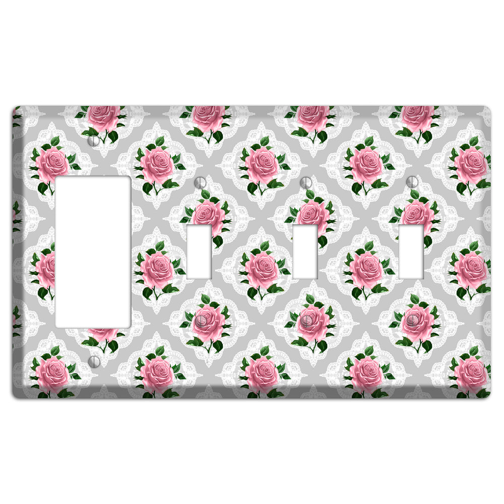 Gray Rose Doily Rocker / 3 Toggle Wallplate