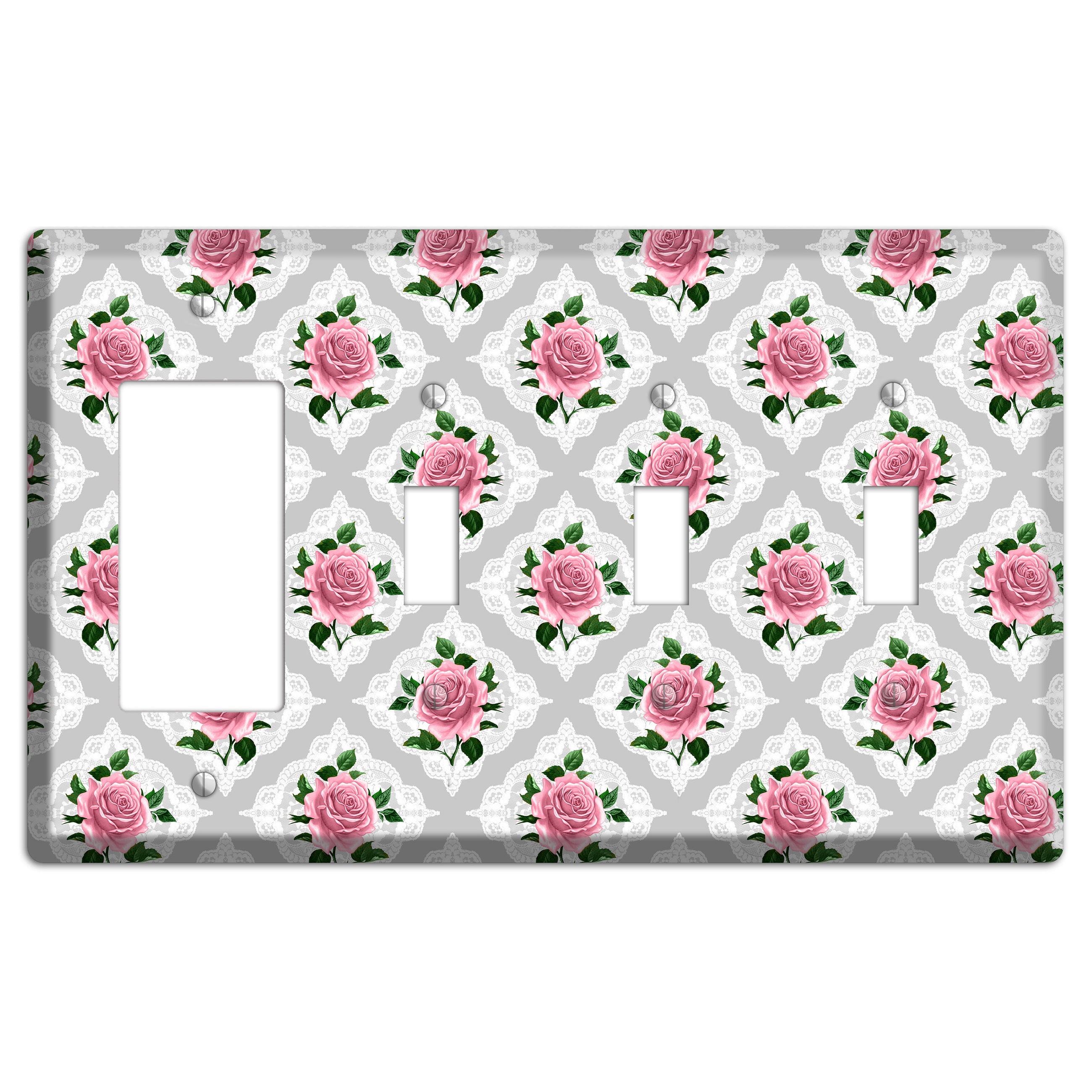 Gray Rose Doily Rocker / 3 Toggle Wallplate