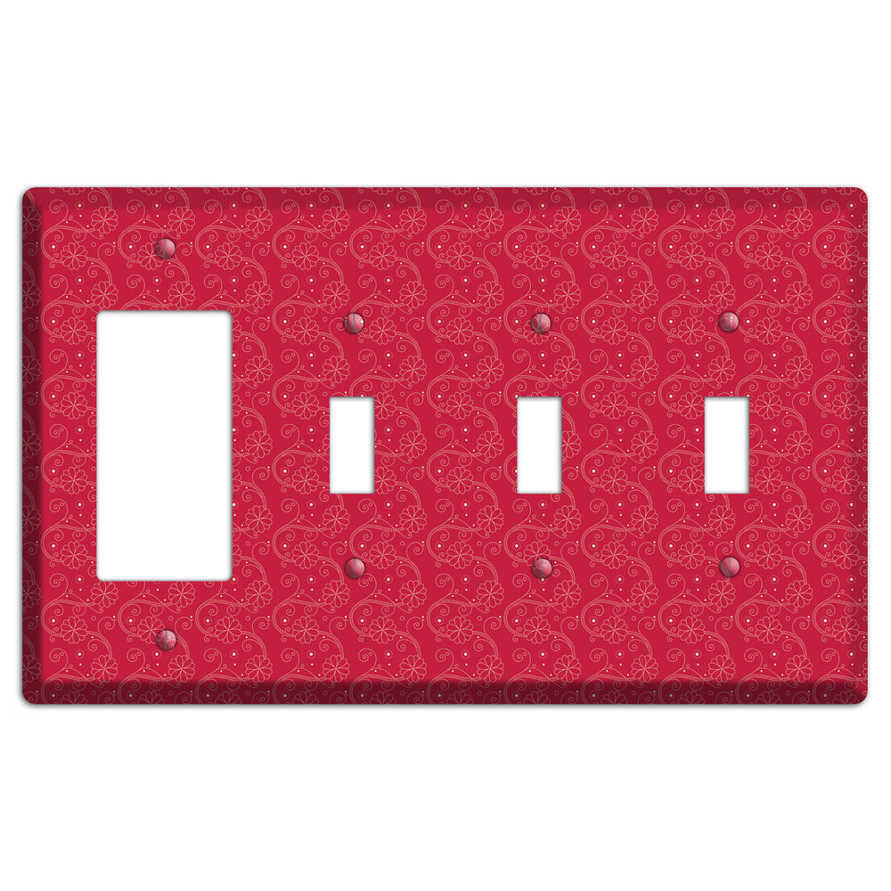 Tiny Red Floral Swirl Rocker / 3 Toggle Wallplate