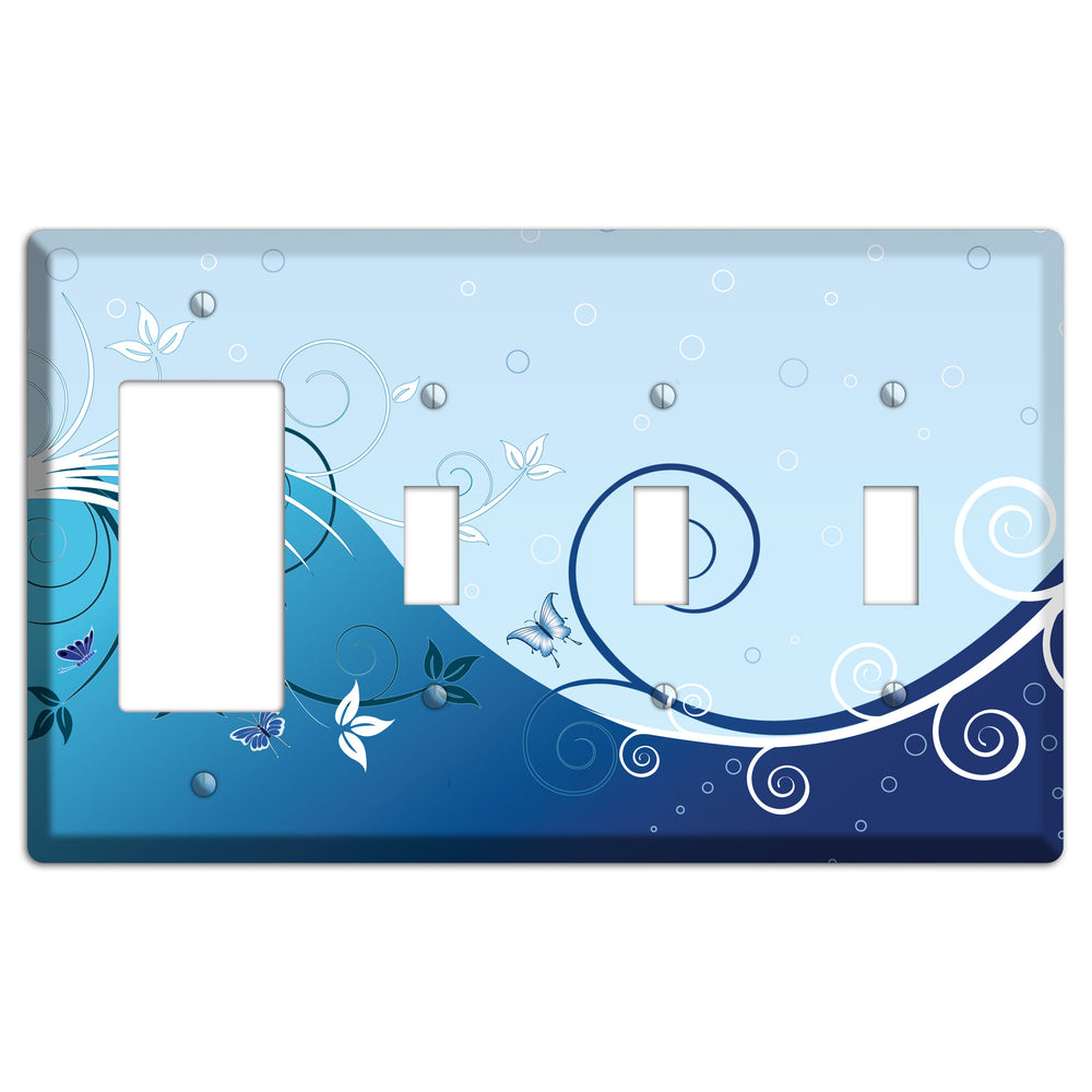 Blue Floral Sprig Rocker / 3 Toggle Wallplate