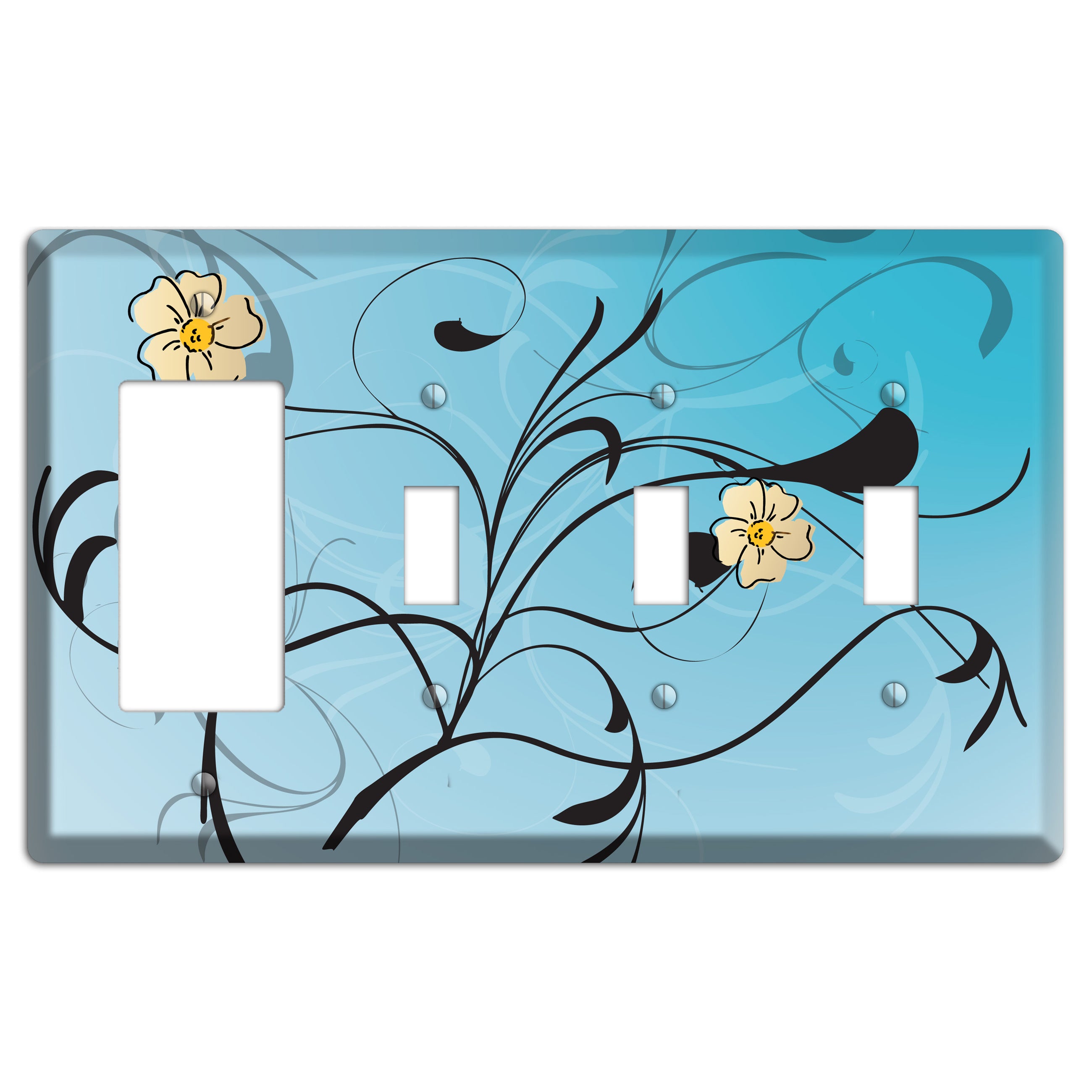 Blue Flower with Swirl Rocker / 3 Toggle Wallplate