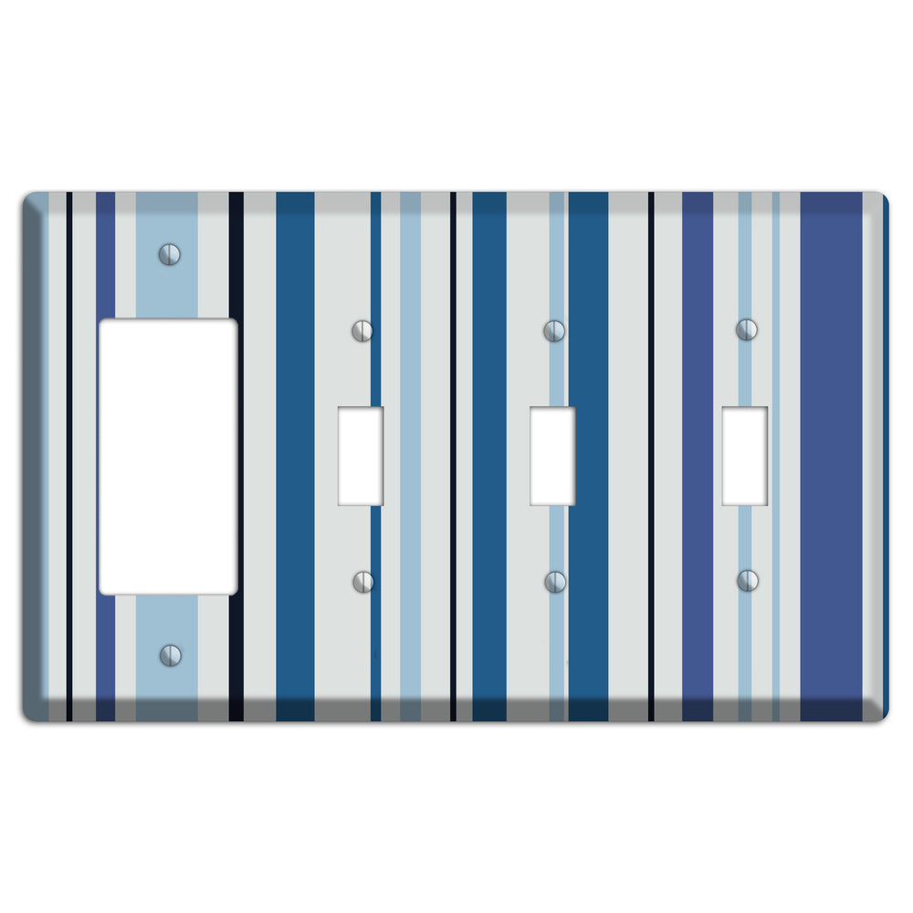 Multi White and Blue Vertical Stripe Rocker / 3 Toggle Wallplate