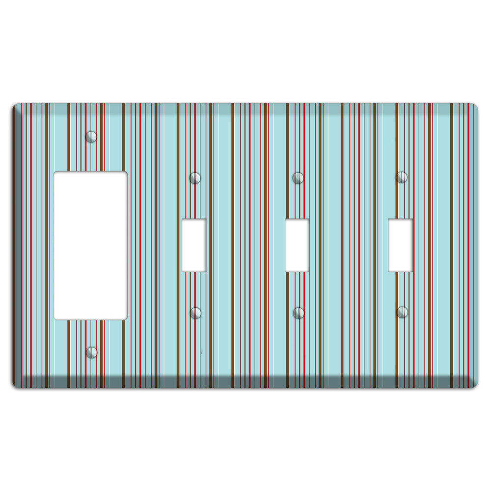 Dusty Blue with Red and Brown Vertical Stripes Rocker / 3 Toggle Wallplate
