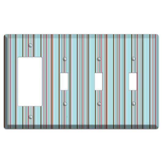 Dusty Blue with Red and Brown Vertical Stripes Rocker / 3 Toggle Wallplate