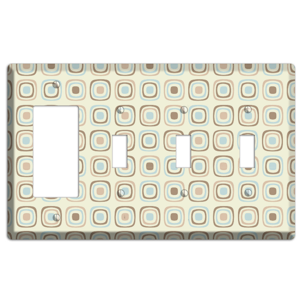 Multi Beige Brown Dusty Blue Retro Squares Rocker / 3 Toggle Wallplate