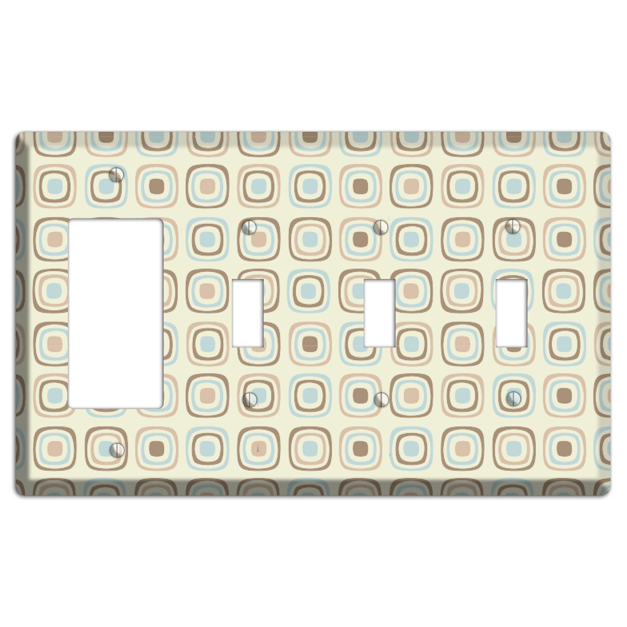 Multi Beige Brown Dusty Blue Retro Squares Rocker / 3 Toggle Wallplate