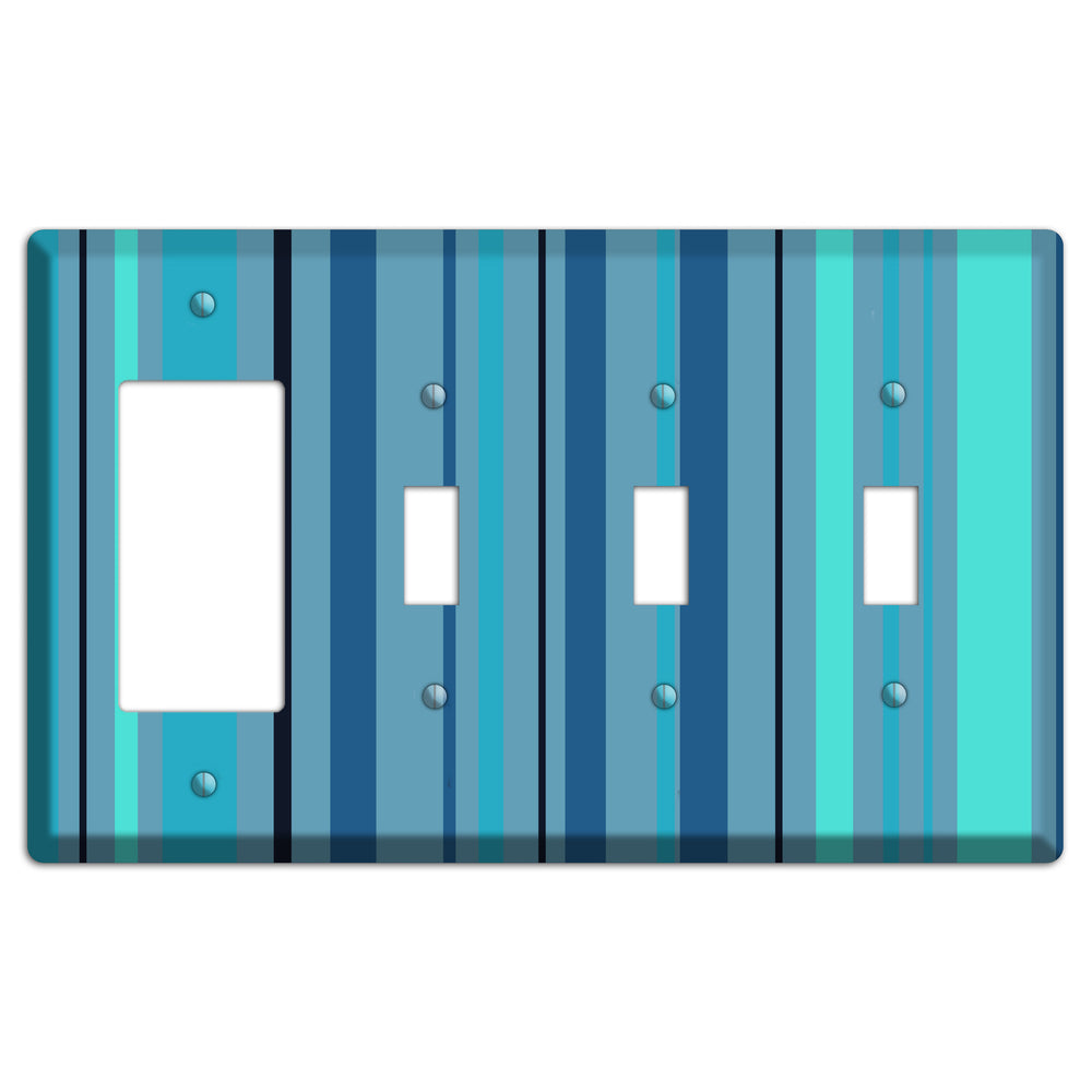 Multi Turquoise Vertical Stripe Rocker / 3 Toggle Wallplate