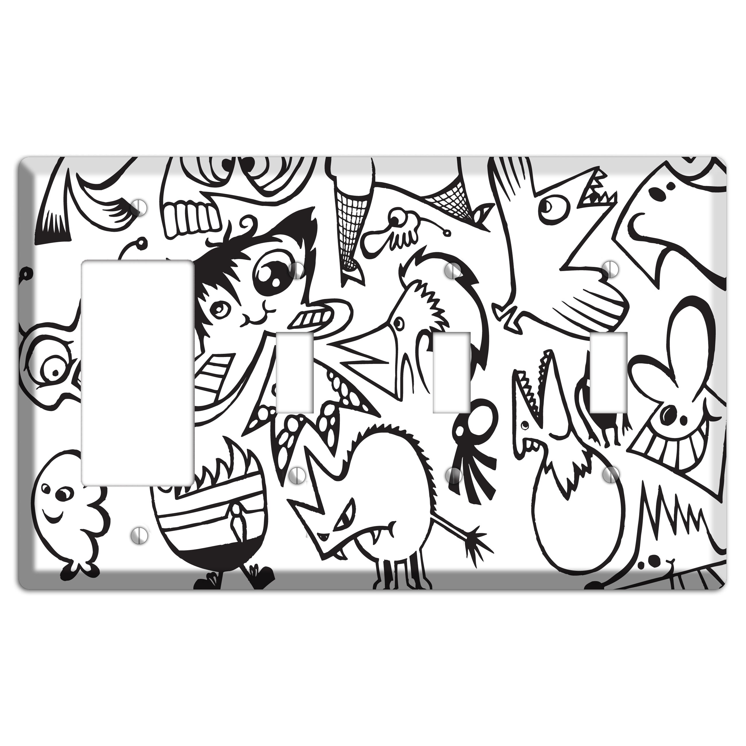 Black and White Whimsical Faces 3 Rocker / 3 Toggle Wallplate