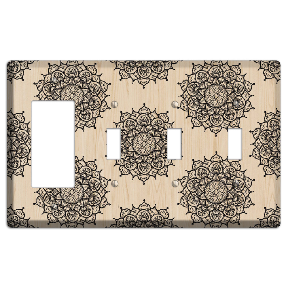 Mandala Black and White Style S Wood Lasered Rocker / 3 Toggle Wallplate