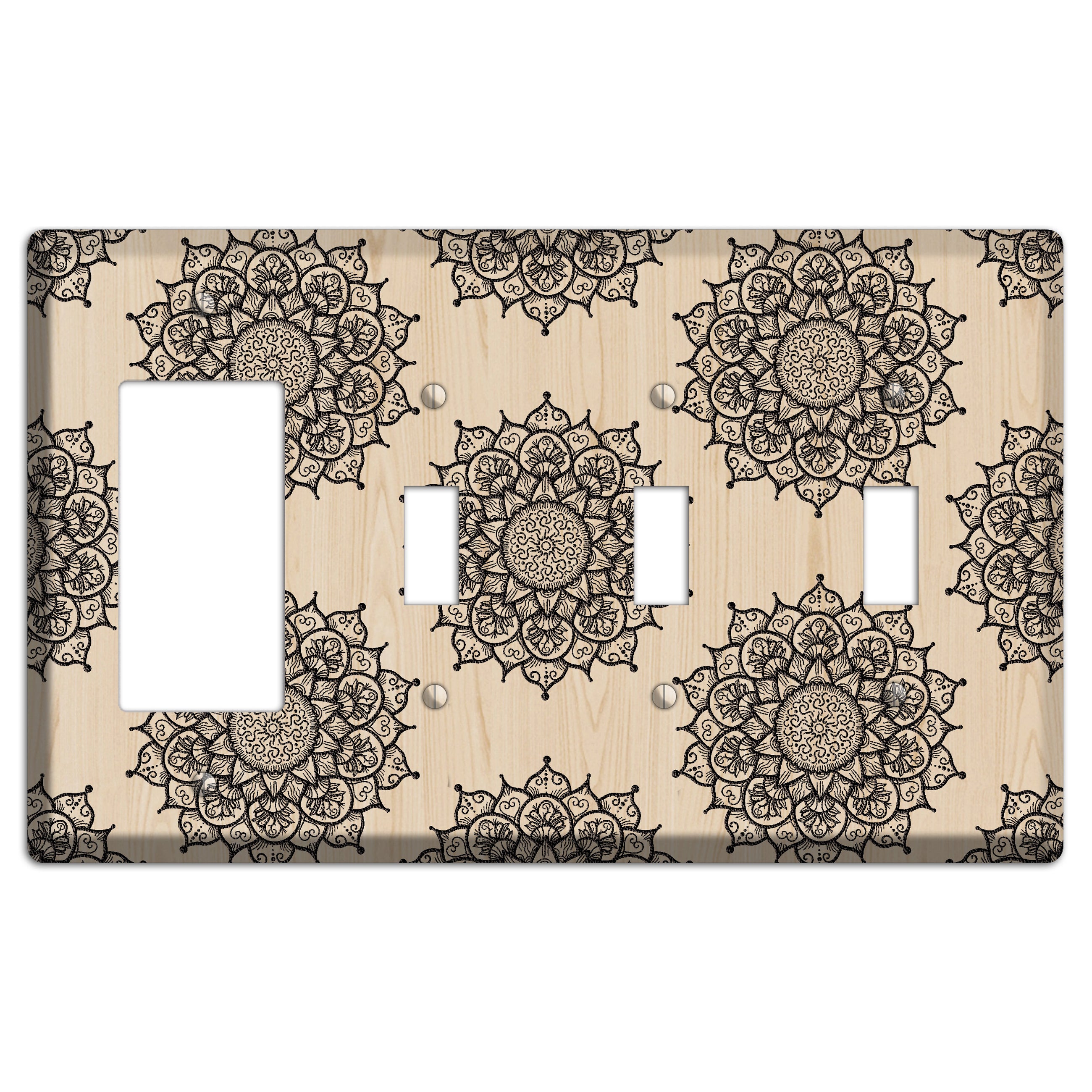 Mandala Black and White Style S Wood Lasered Rocker / 3 Toggle Wallplate