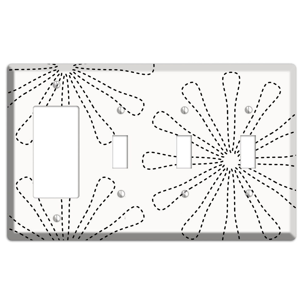 White with Black Retro Stipple Floral Contour Rocker / 3 Toggle Wallplate