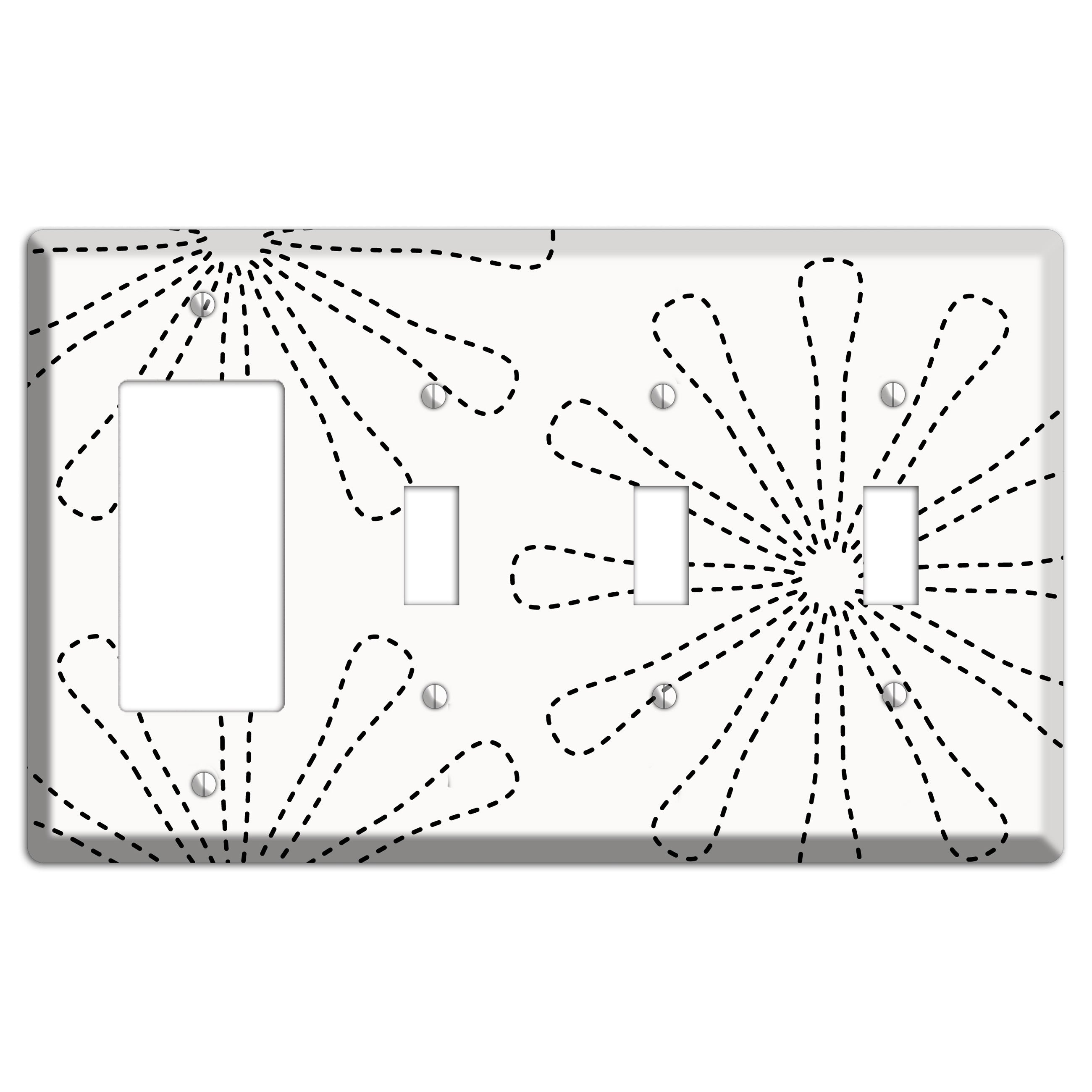 White with Black Retro Stipple Floral Contour Rocker / 3 Toggle Wallplate