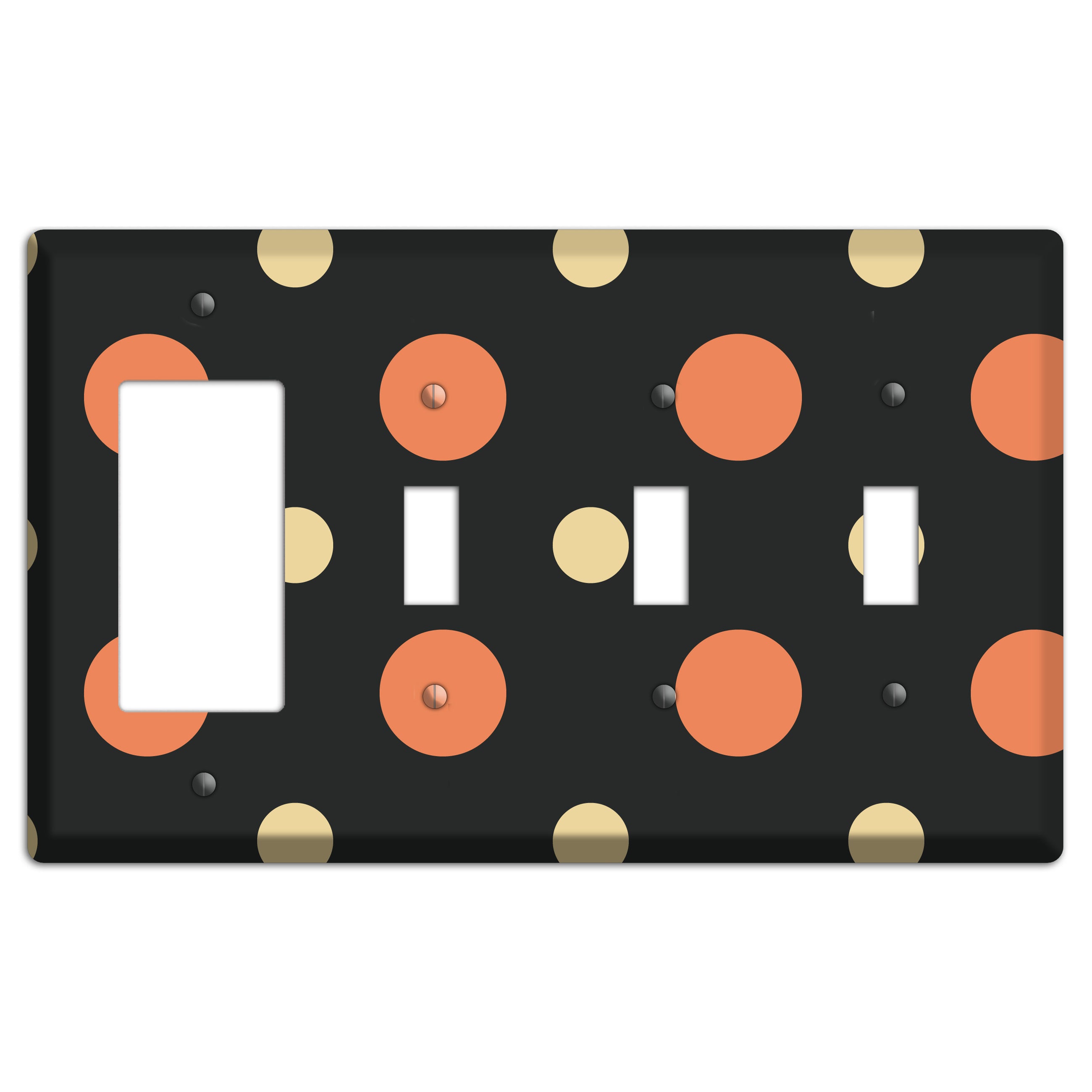 Black with Coral and Beige Multi Medium Polka Dots Rocker / 3 Toggle Wallplate