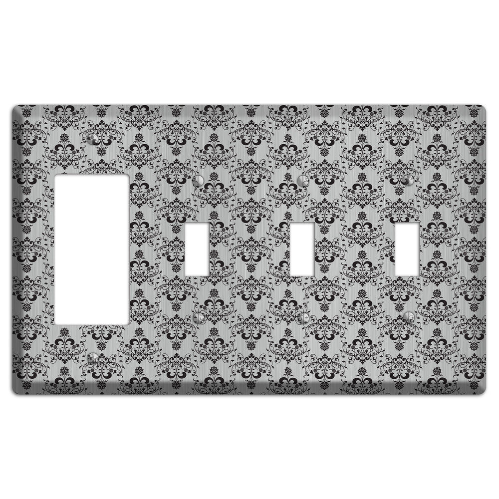 Black Cartouche Half Drop Stainless Steel Rocker / 3 Toggle Wallplate
