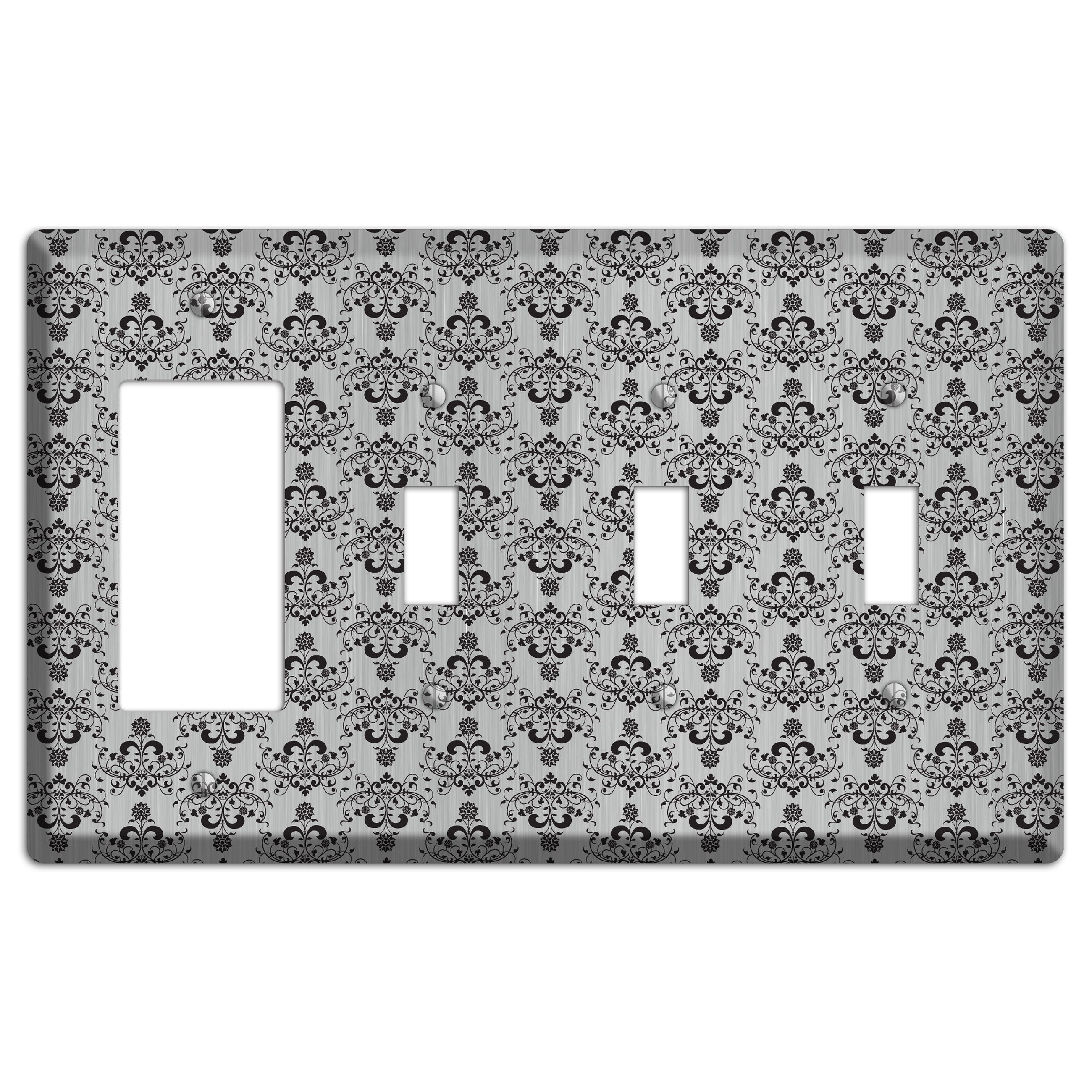 Black Cartouche Half Drop  Stainless Rocker / 3 Toggle Wallplate