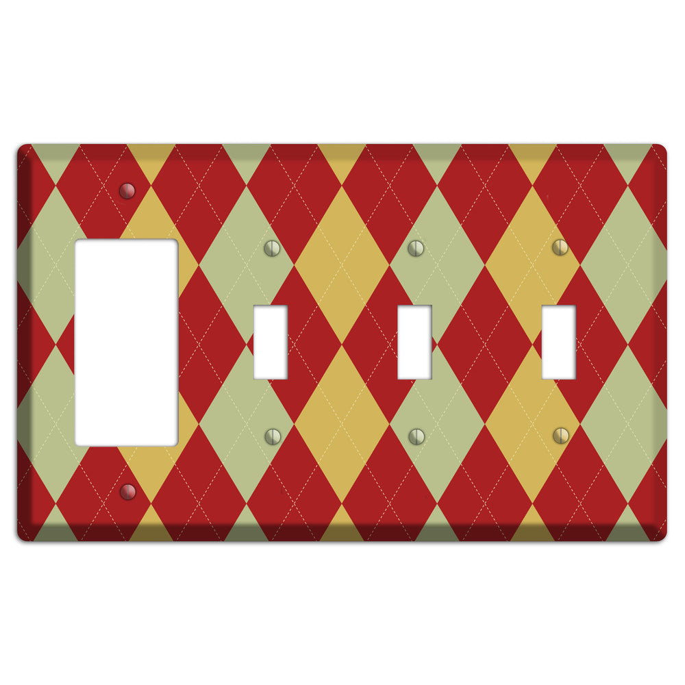 Burnt Orange and Light Green Argyle Rocker / 3 Toggle Wallplate