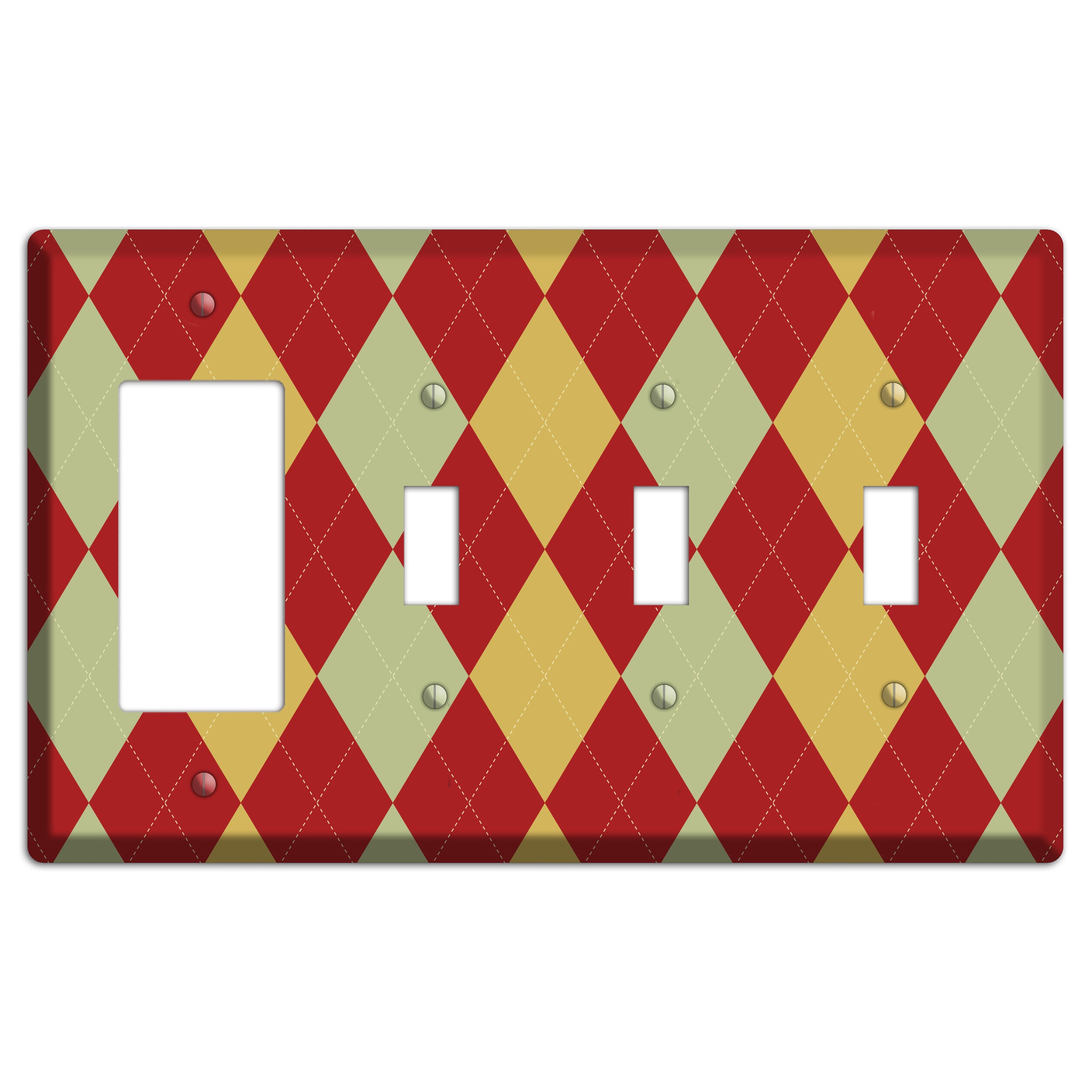 Burnt Orange and Light Green Argyle Rocker / 3 Toggle Wallplate