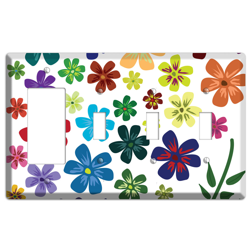 White Flowers Rocker / 3 Toggle Wallplate