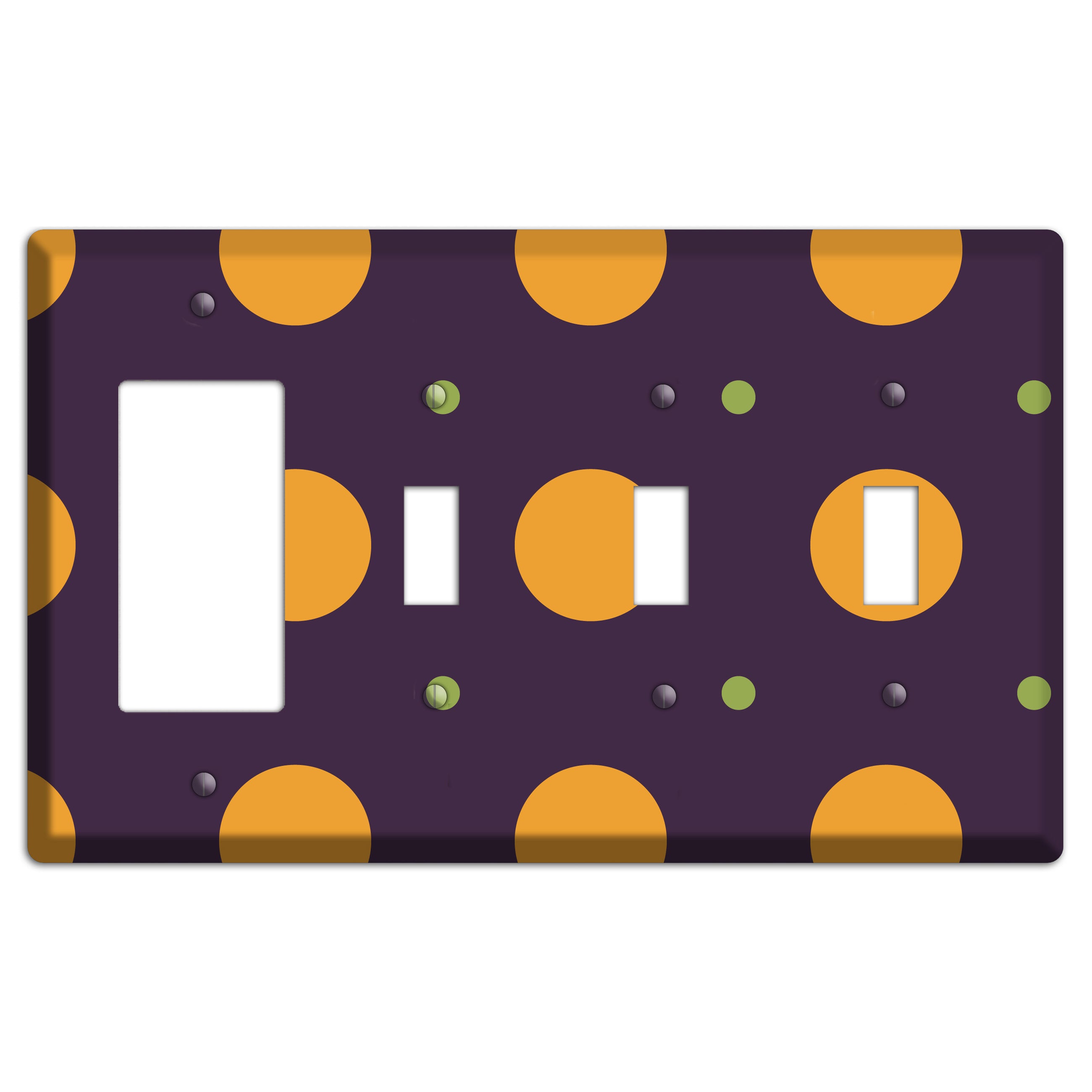 Eggplant with Orange and Lime Multi Tiled Medium Dots Rocker / 3 Toggle Wallplate