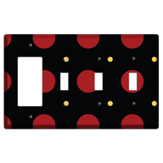 Black with Red and Yellow Multi Tiled Medium Dots Rocker / 3 Toggle Wallplate