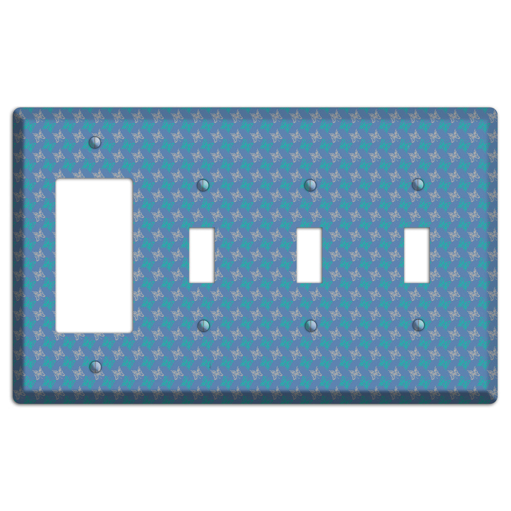 Blue with White and Turquoise Butterflies Rocker / 3 Toggle Wallplate