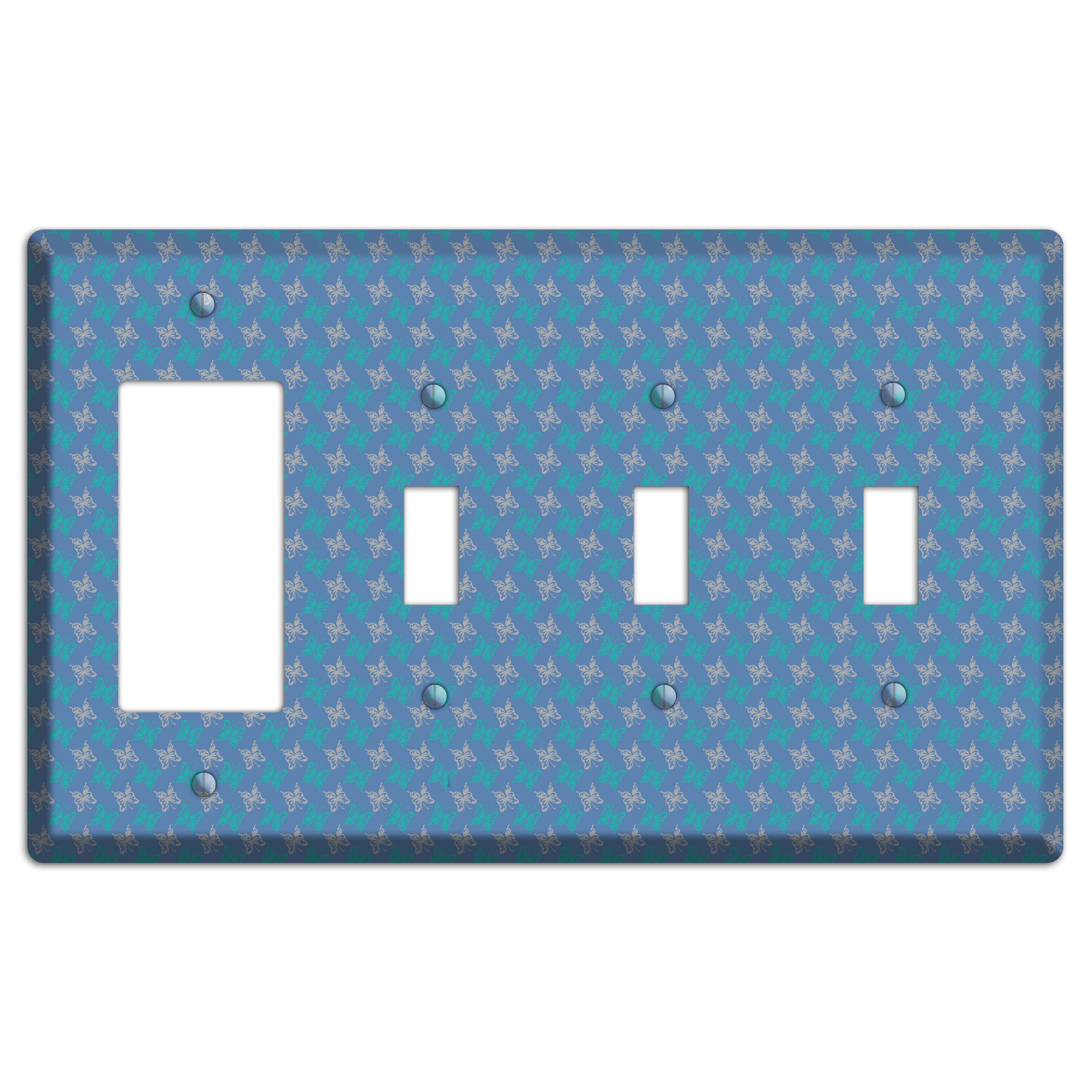 Blue with White and Turquoise Butterflies Rocker / 3 Toggle Wallplate