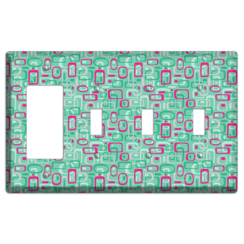 Aqua with Fuschia and Multi Green Retro Squares Rocker / 3 Toggle Wallplate