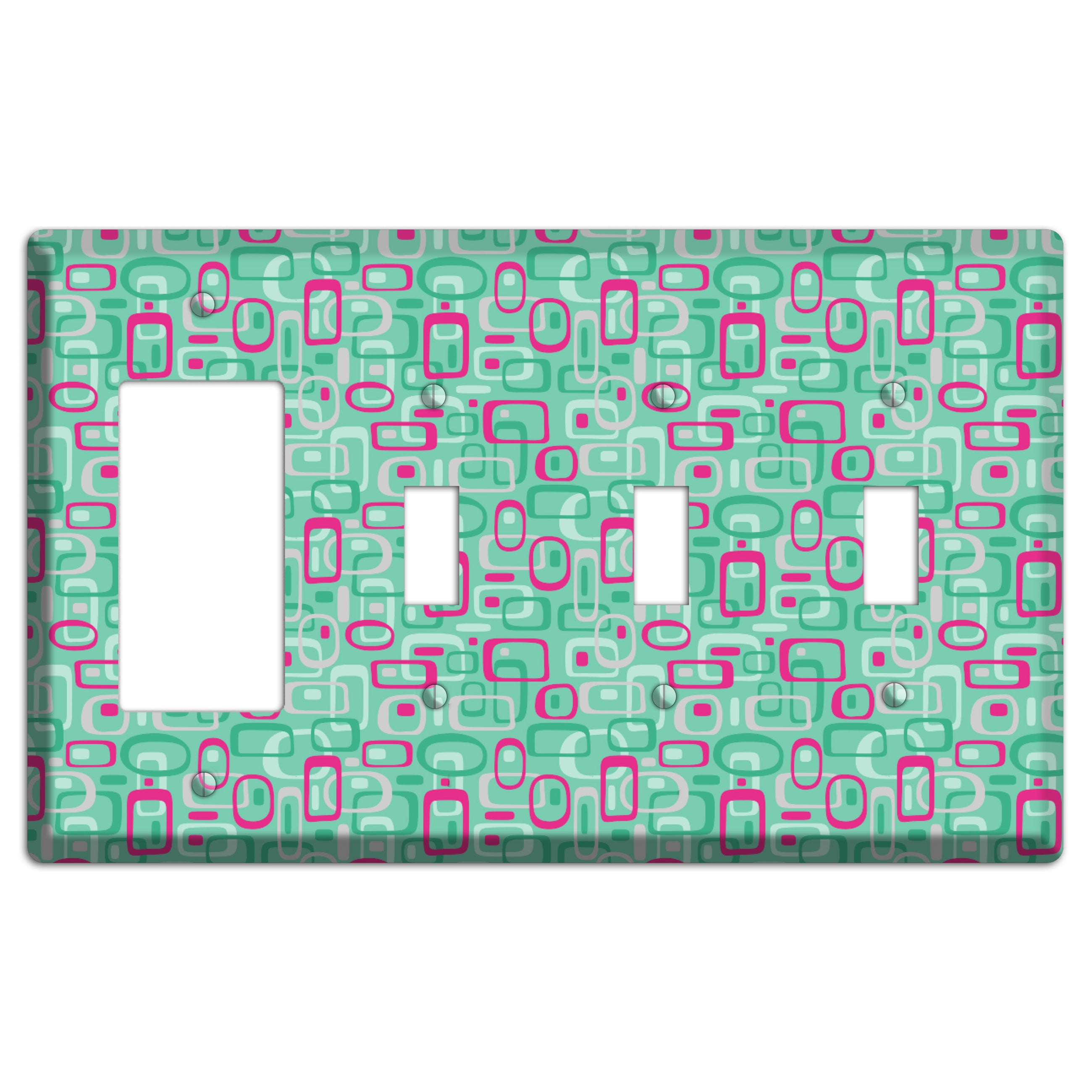 Aqua with Fuschia and Multi Green Retro Squares Rocker / 3 Toggle Wallplate
