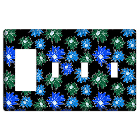 Blue and Green Flowers Rocker / 3 Toggle Wallplate