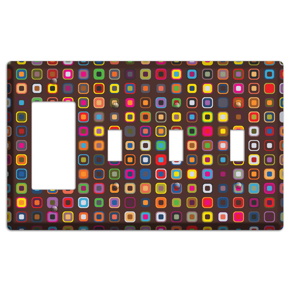 Brown with Multi Retro Squares Rocker / 3 Toggle Wallplate