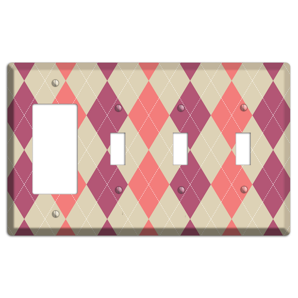 Pink and Tan Argyle Rocker / 3 Toggle Wallplate