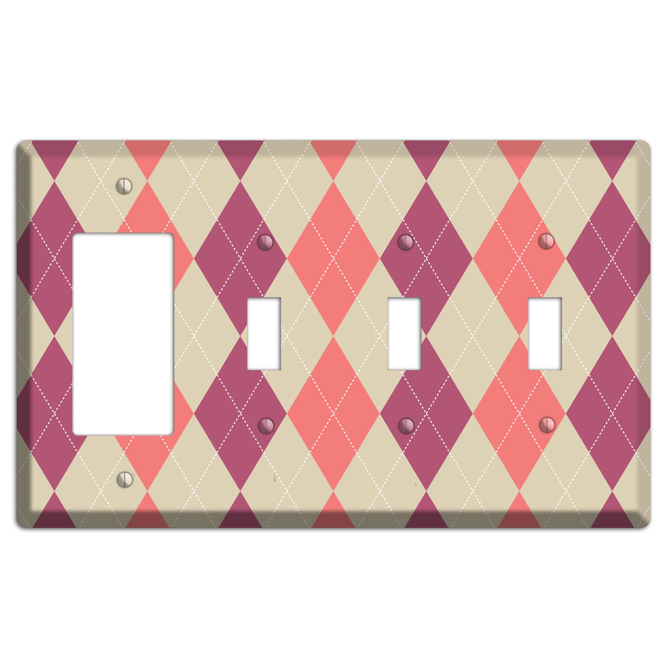 Pink and Tan Argyle Rocker / 3 Toggle Wallplate