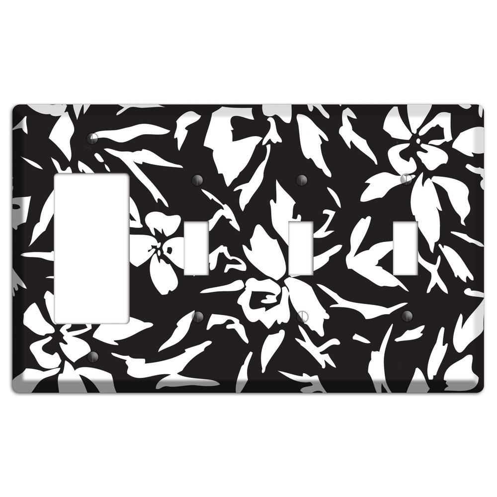 Black with White Woodcut Floral Rocker / 3 Toggle Wallplate