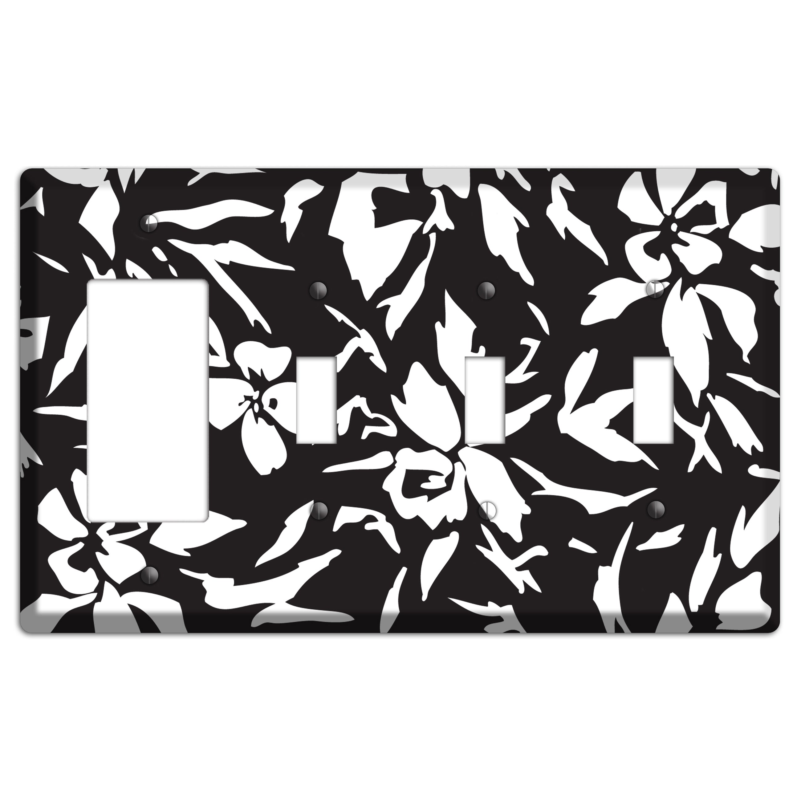 Black with White Woodcut Floral Rocker / 3 Toggle Wallplate