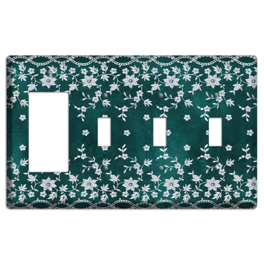 Embroidered Floral Teal Rocker / 3 Toggle Wallplate