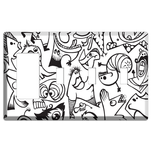 Black and White Whimsical Faces 2 Rocker / 3 Toggle Wallplate