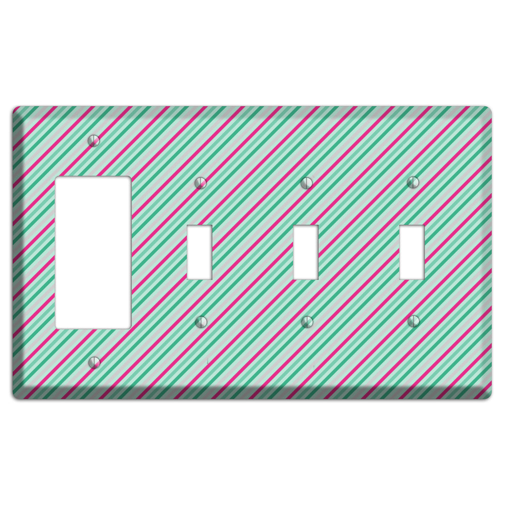 Grey Fuschia and Multi Aqua Angled Stripes Rocker / 3 Toggle Wallplate