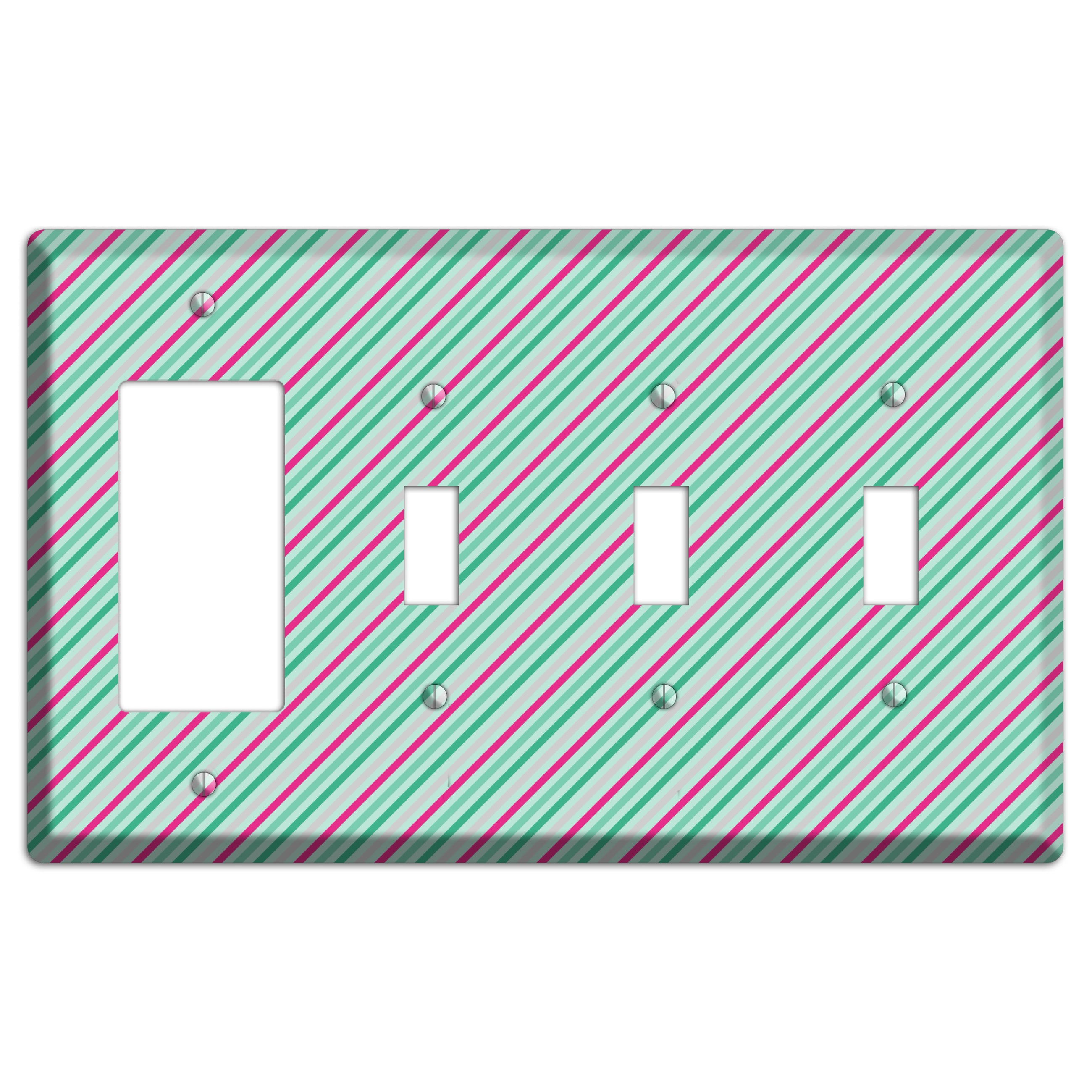 Grey Fuschia and Multi Aqua Angled Stripes Rocker / 3 Toggle Wallplate