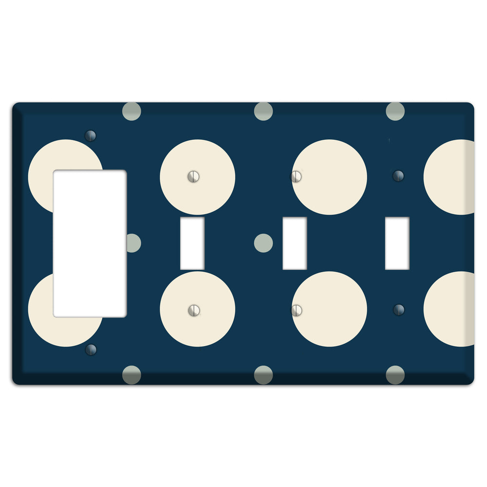 Navy with Off White and Blue Multi Medium Polka Dots Rocker / 3 Toggle Wallplate