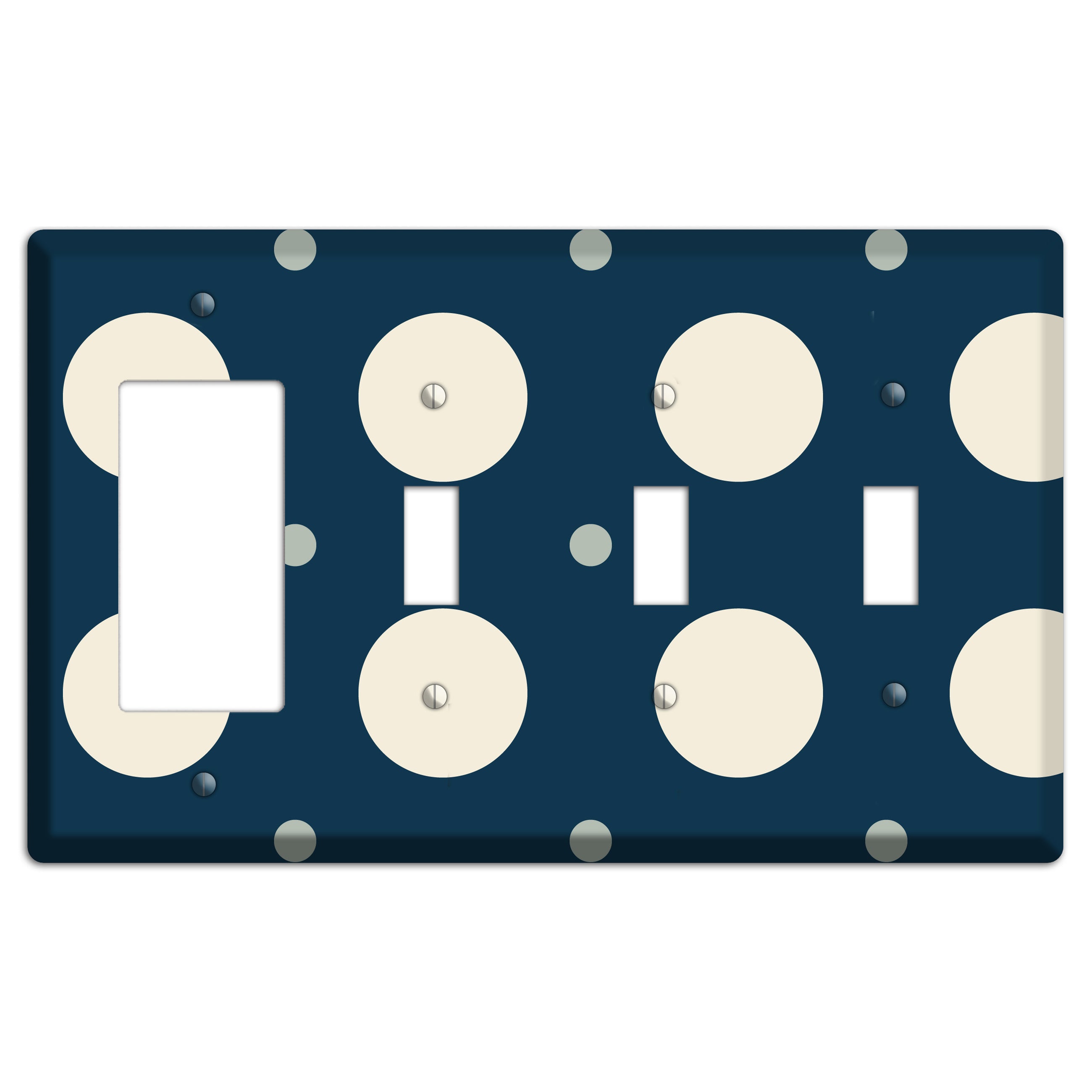 Navy with Off White and Blue Multi Medium Polka Dots Rocker / 3 Toggle Wallplate