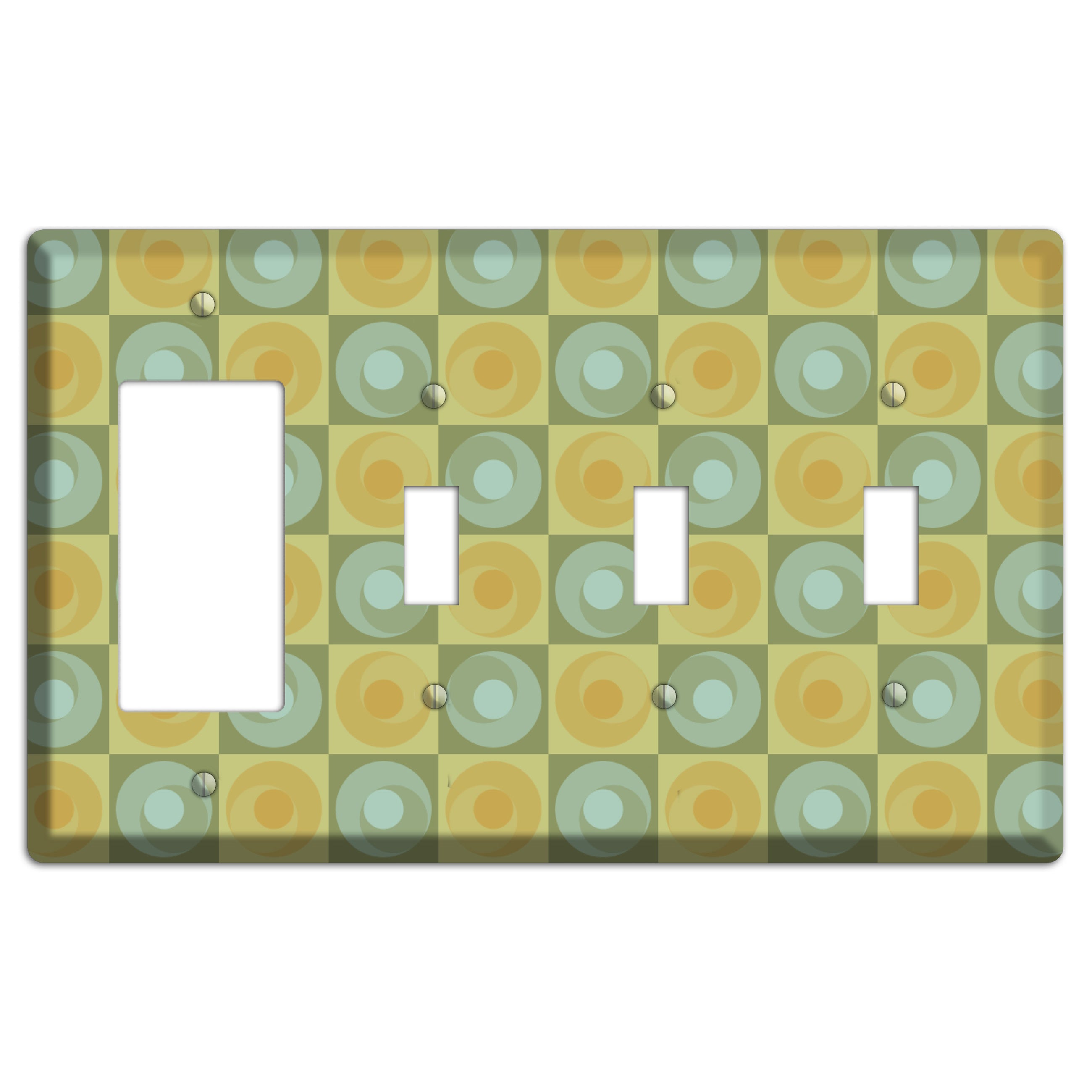 Multi Sage and Mustard Checked Circles Rocker / 3 Toggle Wallplate