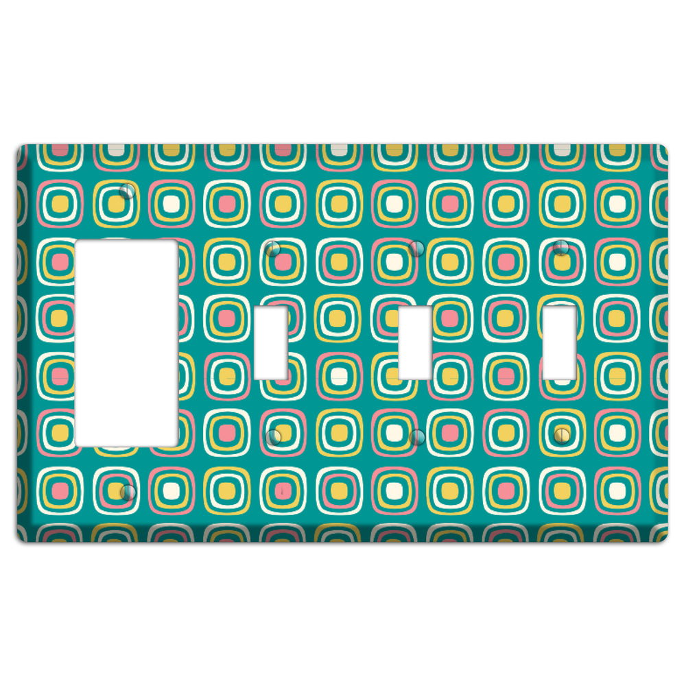 Mulri Teal Coral Lime Retro Squares Rocker / 3 Toggle Wallplate