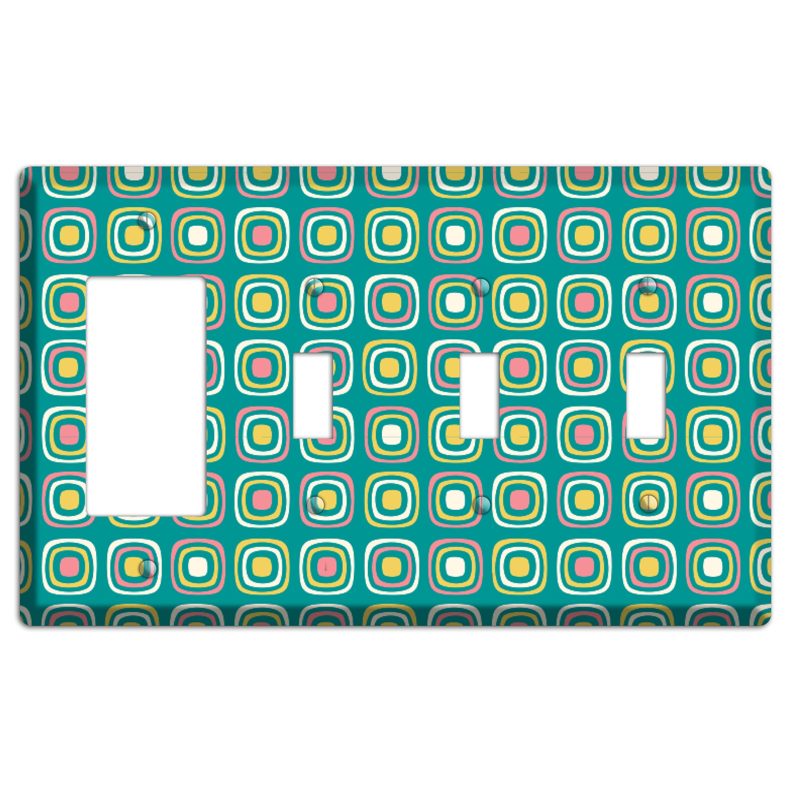 Mulri Teal Coral Lime Retro Squares Rocker / 3 Toggle Wallplate