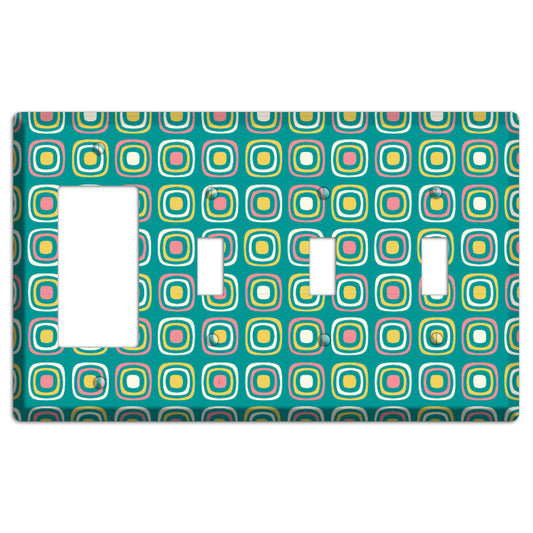 Mulri Teal Coral Lime Retro Squares Rocker / 3 Toggle Wallplate