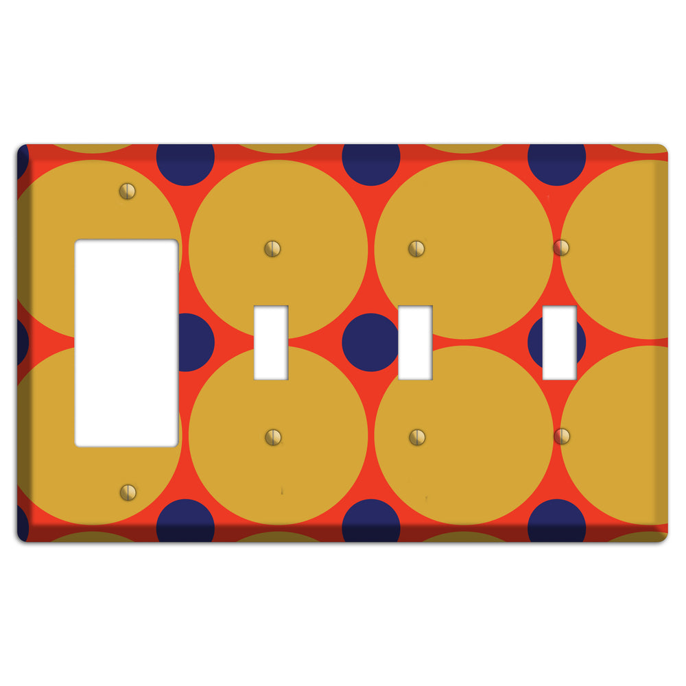 Red with Mustard and Blue Multi Tiled Large Dots Rocker / 3 Toggle Wallplate