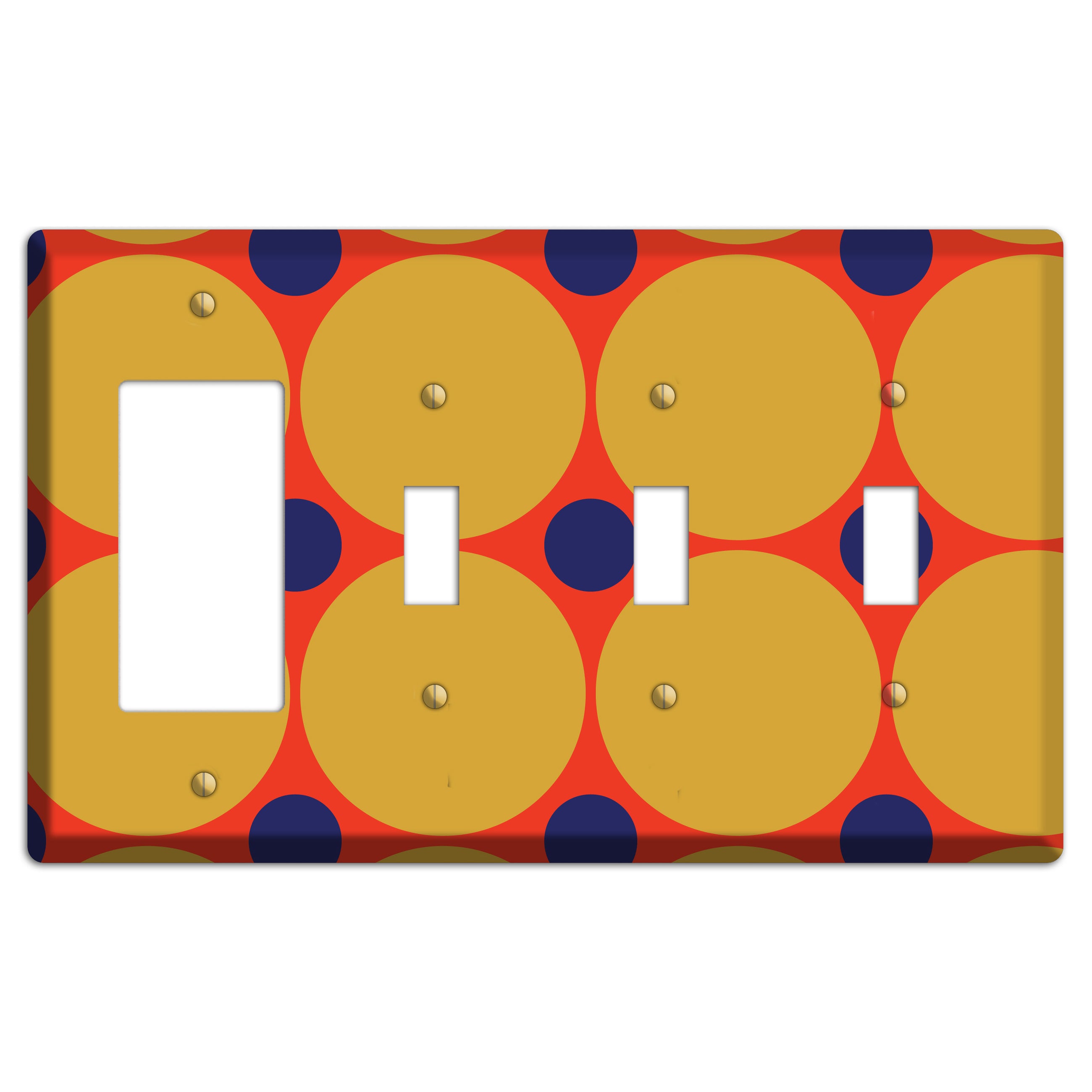 Red with Mustard and Blue Multi Tiled Large Dots Rocker / 3 Toggle Wallplate